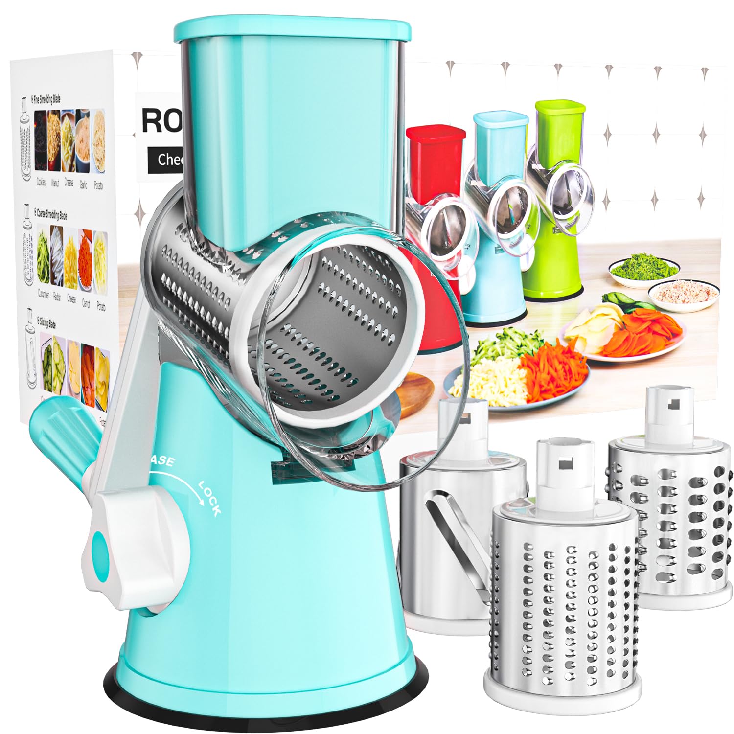 Cambom Rotary Cheese Grater Hand Crank Cheese Shredder for Fresh Cheese, Vegetable, Nuts,Non-slip Suction Base, Three Blades, Black