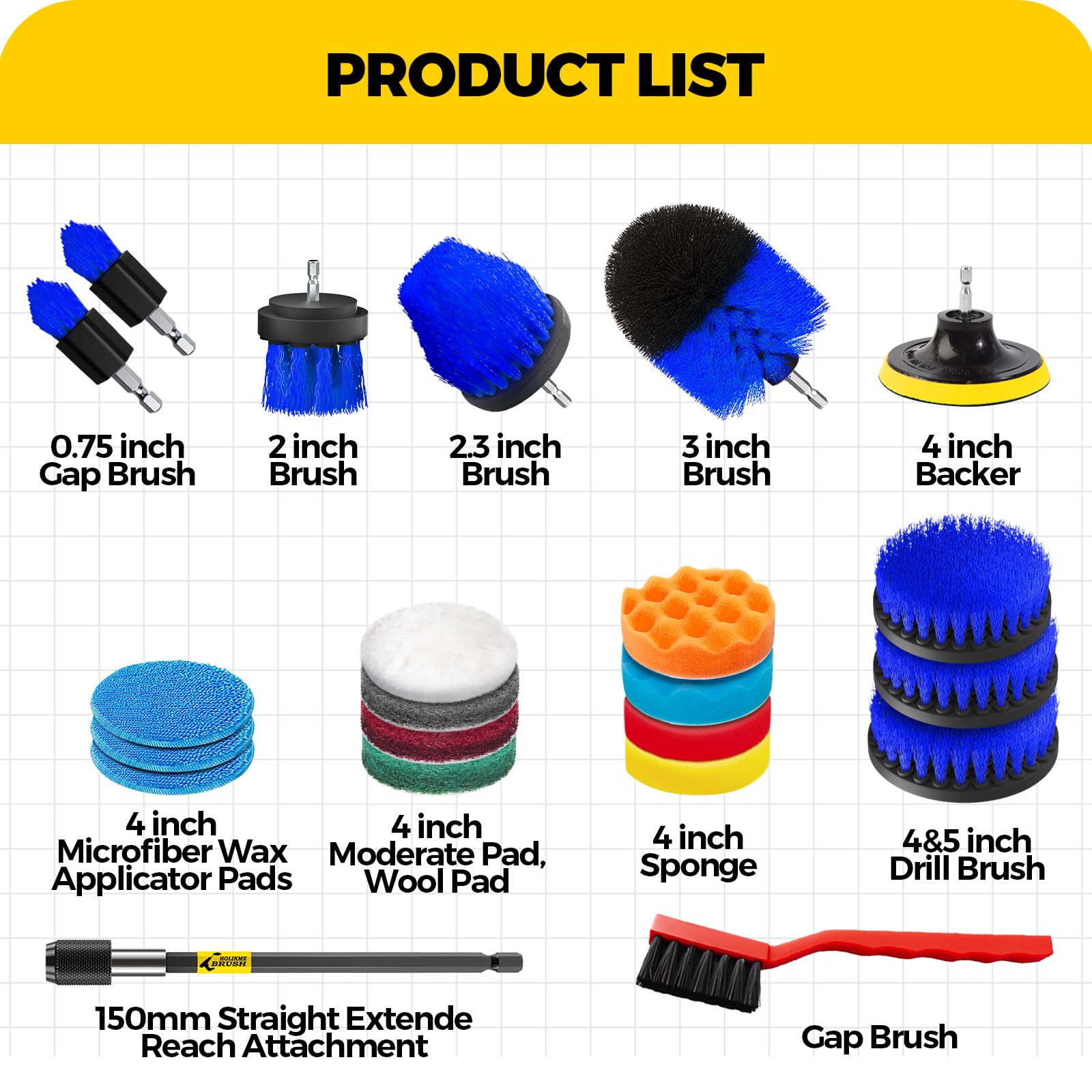 Holikme 22Pack Drill Brush Attachments Set,Scrub Pads & Sponge, Buffing Pads,Power Scrubber Brush,Car Polishing Pad Kit,Wax Applicator Pad,Car Cleaning Kit,Masonry Brushes,Cleaning Supplies