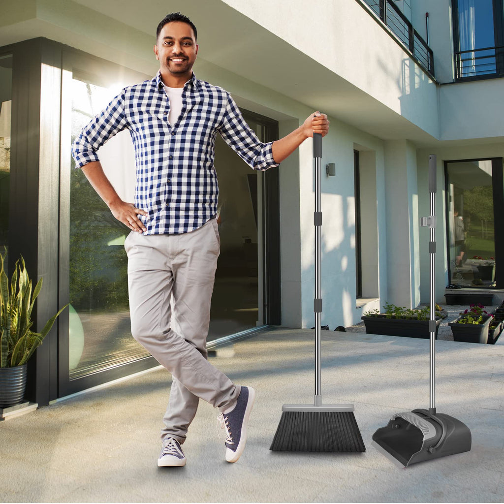 Upgrade Broom and Dustpan Set, Large Size and with Long Handle, Upright,Ideal for Indoor Outdoor Garage Kitchen Room Office Lobby Use (Green)