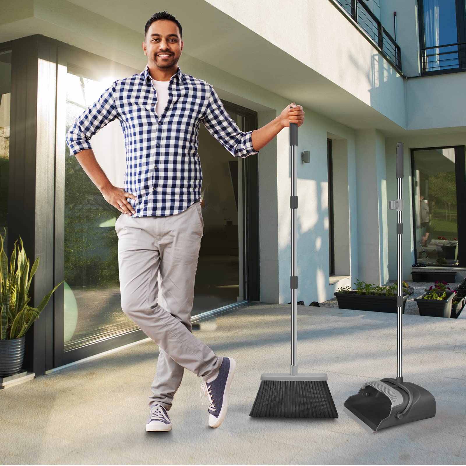 Upgrade Broom and Dustpan Set, Large Size and with Long Handle, Upright,Ideal for Indoor Outdoor Garage Kitchen Room Office Lobby Use (Green)