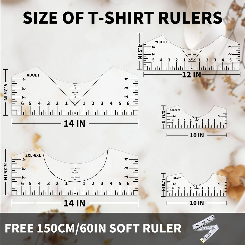 9Pcs Tshirt-Ruler Guide to Center Vinyl, Transparent V-Neck/Round PVC Ruler for Alignment, Heat Press, Children Youth Adult, Front and Back Measurement (10in)