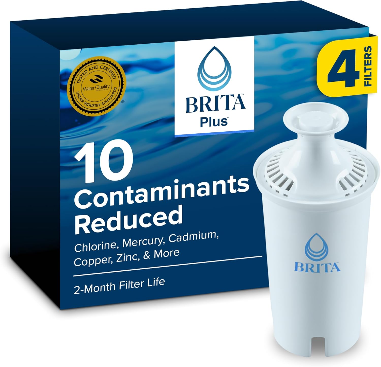 Brita BritaPlus Replacement Water Filter for Pitchers and Dispensers, WQA NSF/ANSI Certified, Reduces 2x More Contaminants vs. Standard Brita, Reduces Chlorine Zinc Copper Mercury & More, 4 Filters