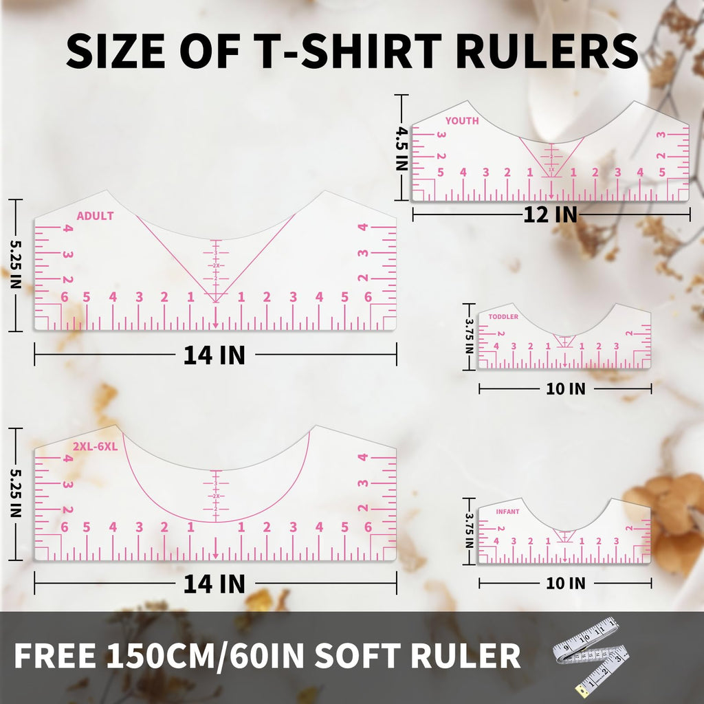 9Pcs Tshirt-Ruler Guide to Center Vinyl, Transparent V-Neck/Round PVC Ruler for Alignment, Heat Press, Children Youth Adult, Front and Back Measurement (10in)