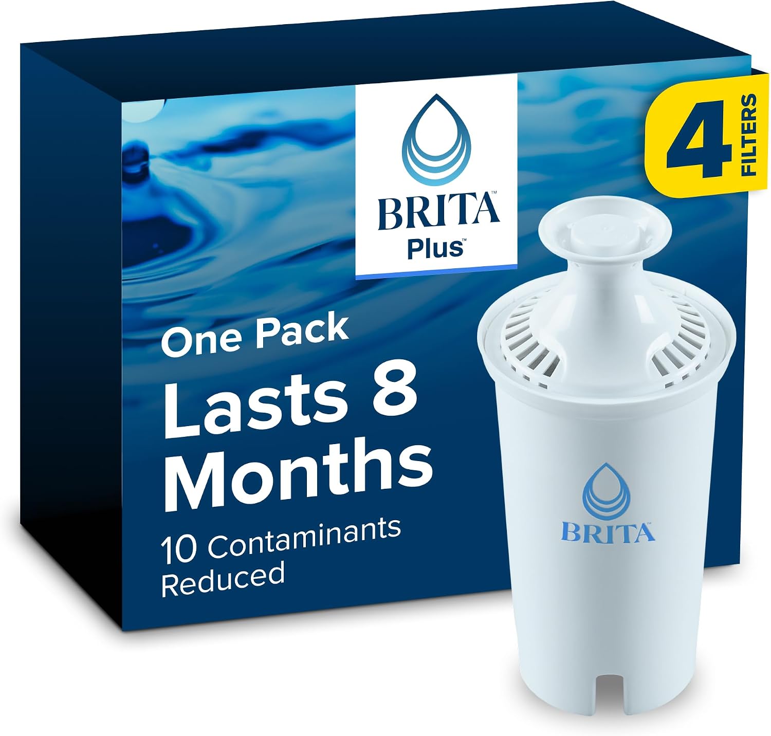 Brita BritaPlus Replacement Water Filter for Pitchers and Dispensers, WQA NSF/ANSI Certified, Reduces 2x More Contaminants vs. Standard Brita, Reduces Chlorine Zinc Copper Mercury & More, 4 Filters