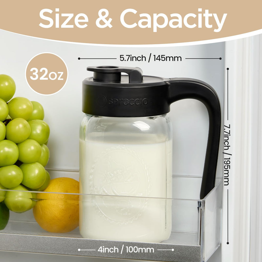 Mason Jar Pitcher - Airtight & Leakproof Glass Pitcher with Lid, Perfect for Breastmilk, Cold Brew, and Sun Tea, 2 Quart (64 oz) Mason Jar with Pour Spout Lid