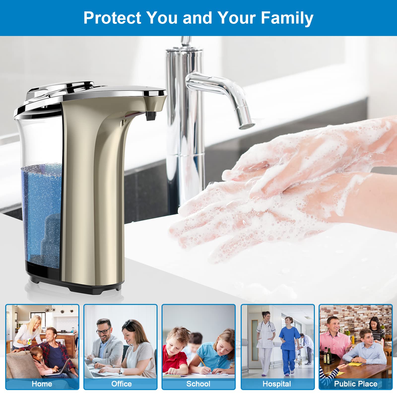 PZOTRUF Automatic Soap Dispenser, Touchless Dish Soap Dispenser 17oz/500ml with Infrared Sensor, 5 Adjustable Soap Dispensing Levels, Liquid Hand Dispenser for Bathroom Kitchen Sink (Silver)