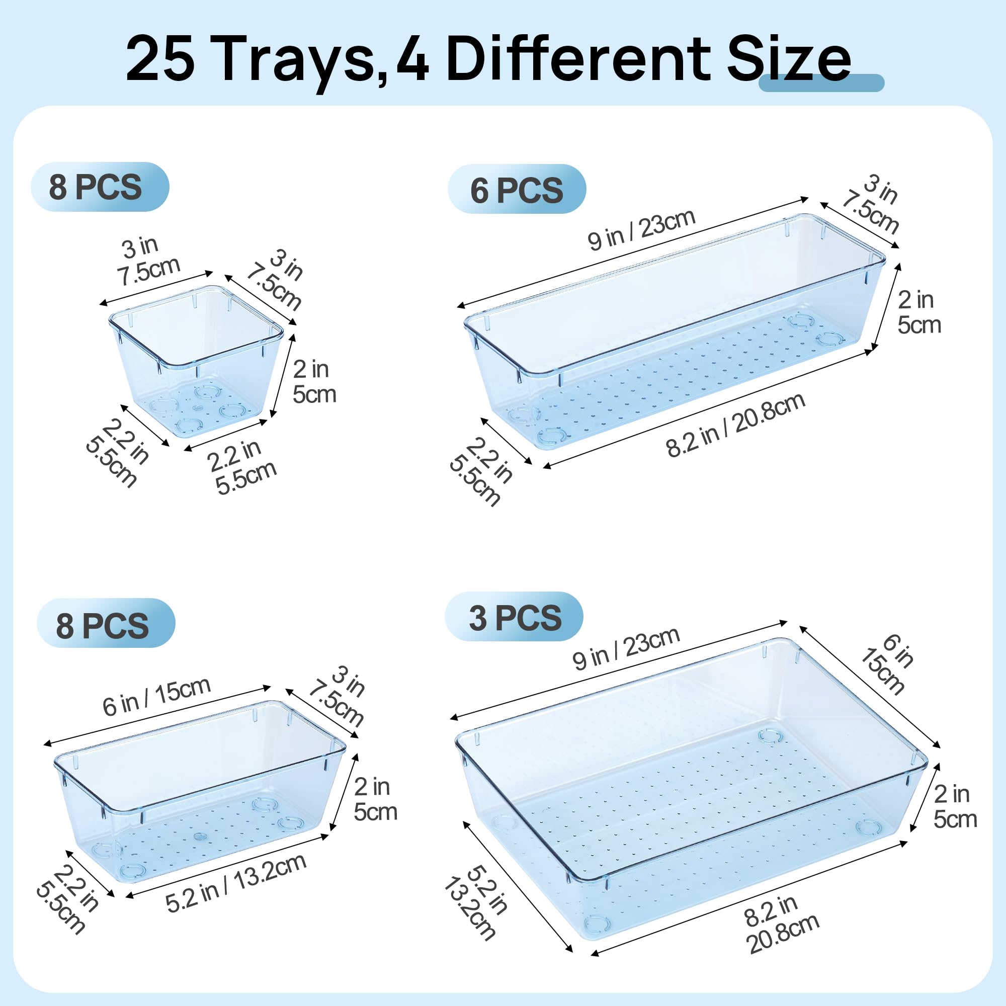 Vtopmart 25 PCS Clear Plastic Drawer Organizers Set, 4-Size Versatile Bathroom and Vanity Drawer Organizer Trays, Storage Bins for Makeup, Bedroom, Kitchen Gadgets Utensils and Office