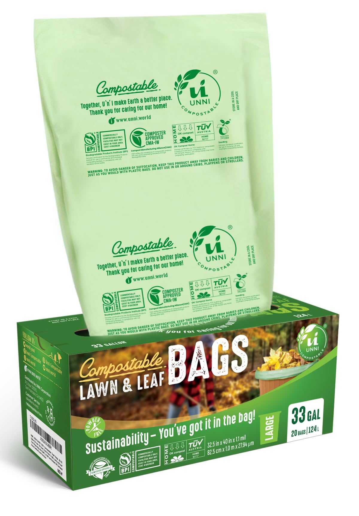UNNI Compostable Trash Bags, 2.6 Gallon / 9.84 Liter, 100 Count, Extra Thick 0.71 Mil Small Kitchen Food Scrap Bin Liners, Certified by BPI, CMA & OK compost HOME, Meets the ASTM D6400 Standard