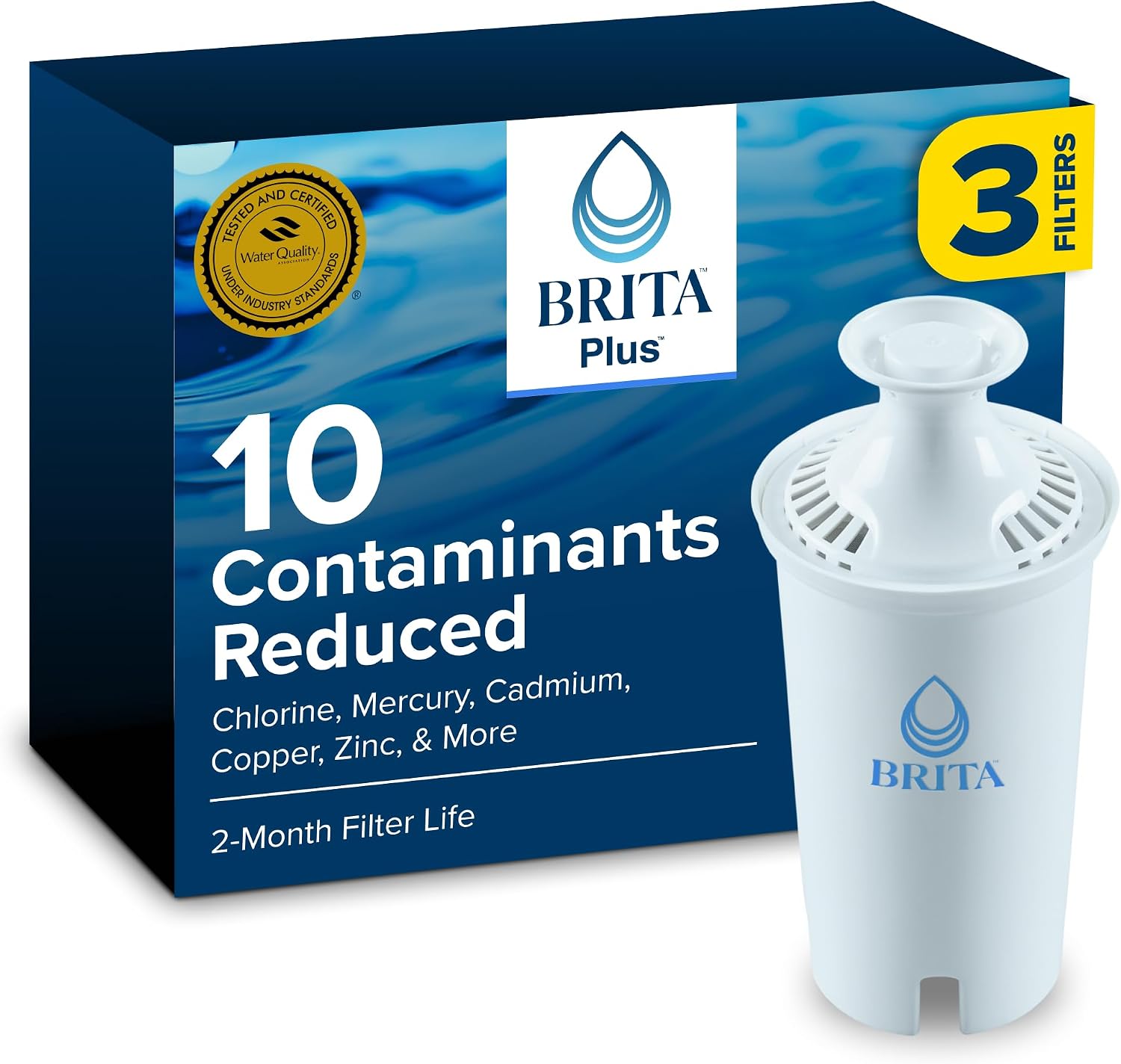 Brita BritaPlus Replacement Water Filter for Pitchers and Dispensers, WQA NSF/ANSI Certified, Reduces 2x More Contaminants vs. Standard Brita, Reduces Chlorine Zinc Copper Mercury & More, 4 Filters