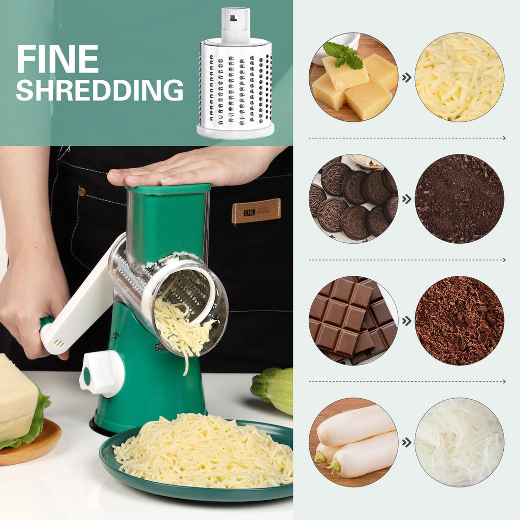 Cambom Rotary Cheese Grater Hand Crank Cheese Shredder for Fresh Cheese, Vegetable, Nuts,Non-slip Suction Base, Three Blades, Black