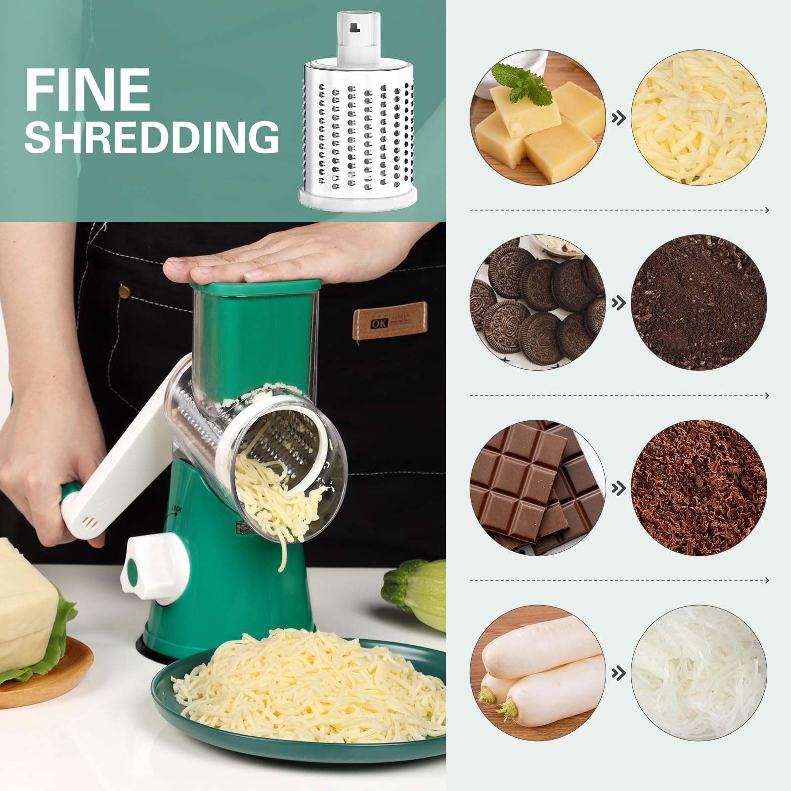 Cambom Rotary Cheese Grater Hand Crank Cheese Shredder for Fresh Cheese, Vegetable, Nuts,Non-slip Suction Base, Three Blades, Black
