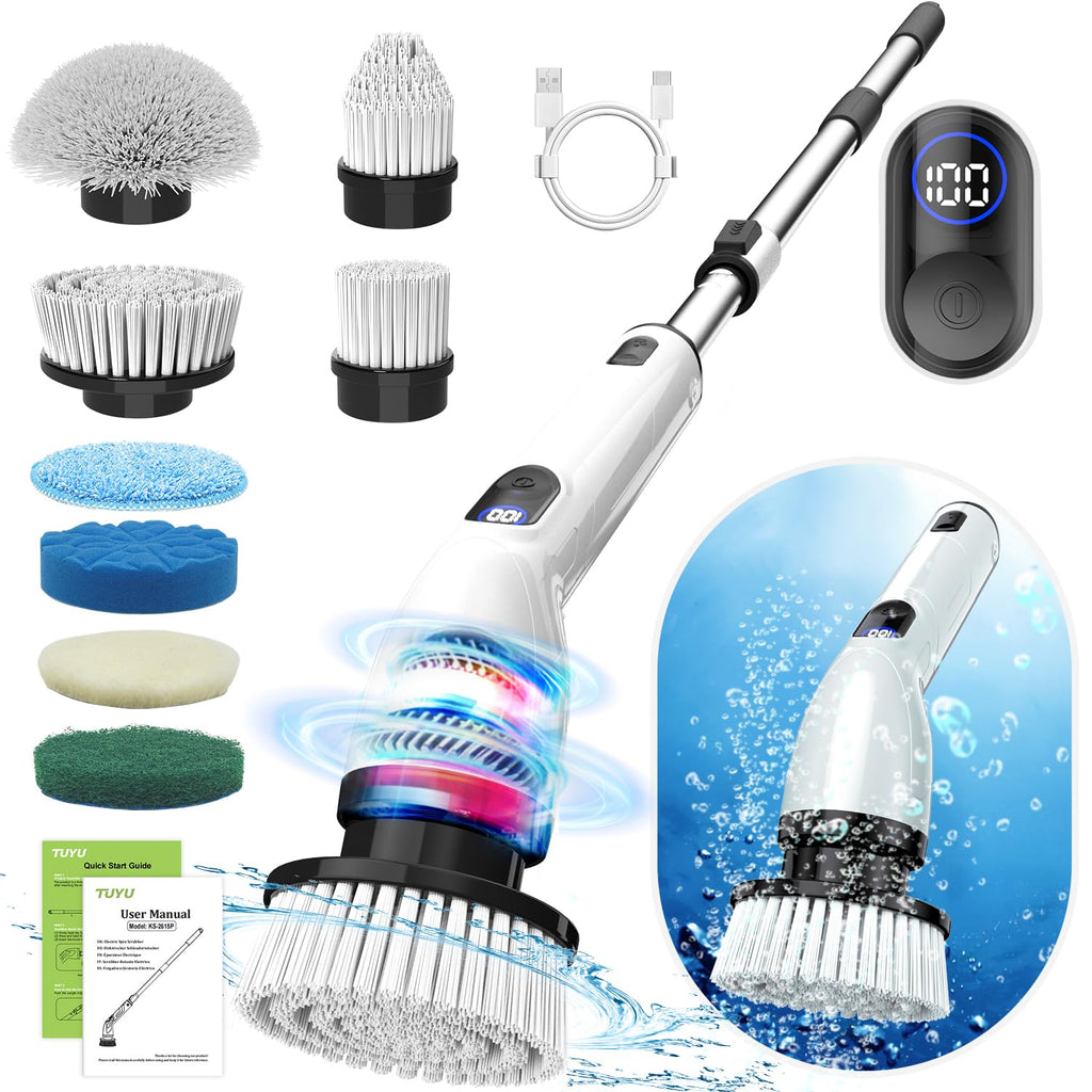 TUYU Electric Spin Scrubber,IPX7 Full-Body Waterproof Cordless Cleaning Tool, LCD Battery Indicator, Adjustable Extension Handle, 90-Minute Runtime for Bathroom, Kitchen, Glass, Car