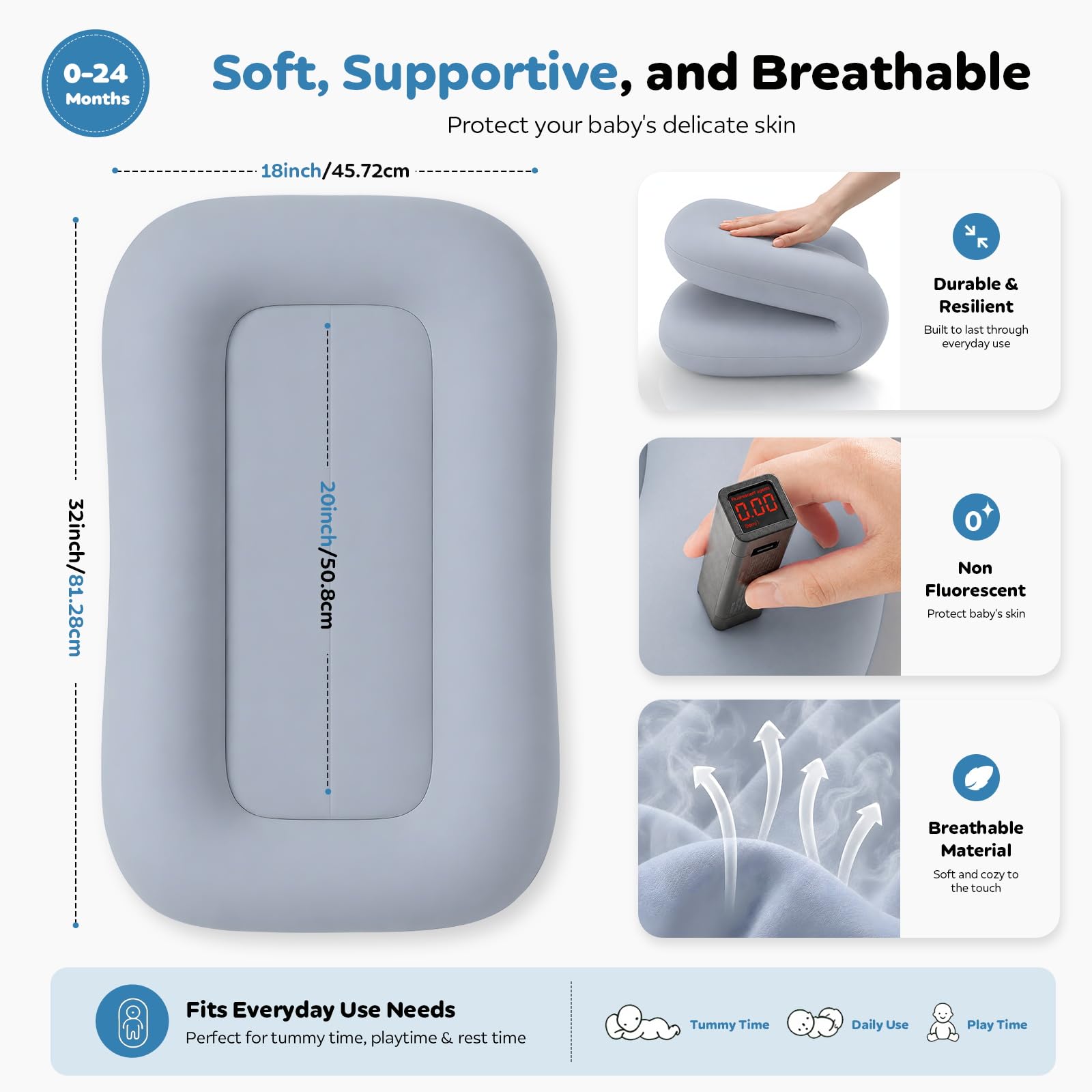 Baby Lounger for Newborns 0-24 Months - Baby Essentials | Soft Breathable Cotton Infant Support Cushion for Tummy Time & Play, Portable Infant Lounger - Cloud White (Cover Included)