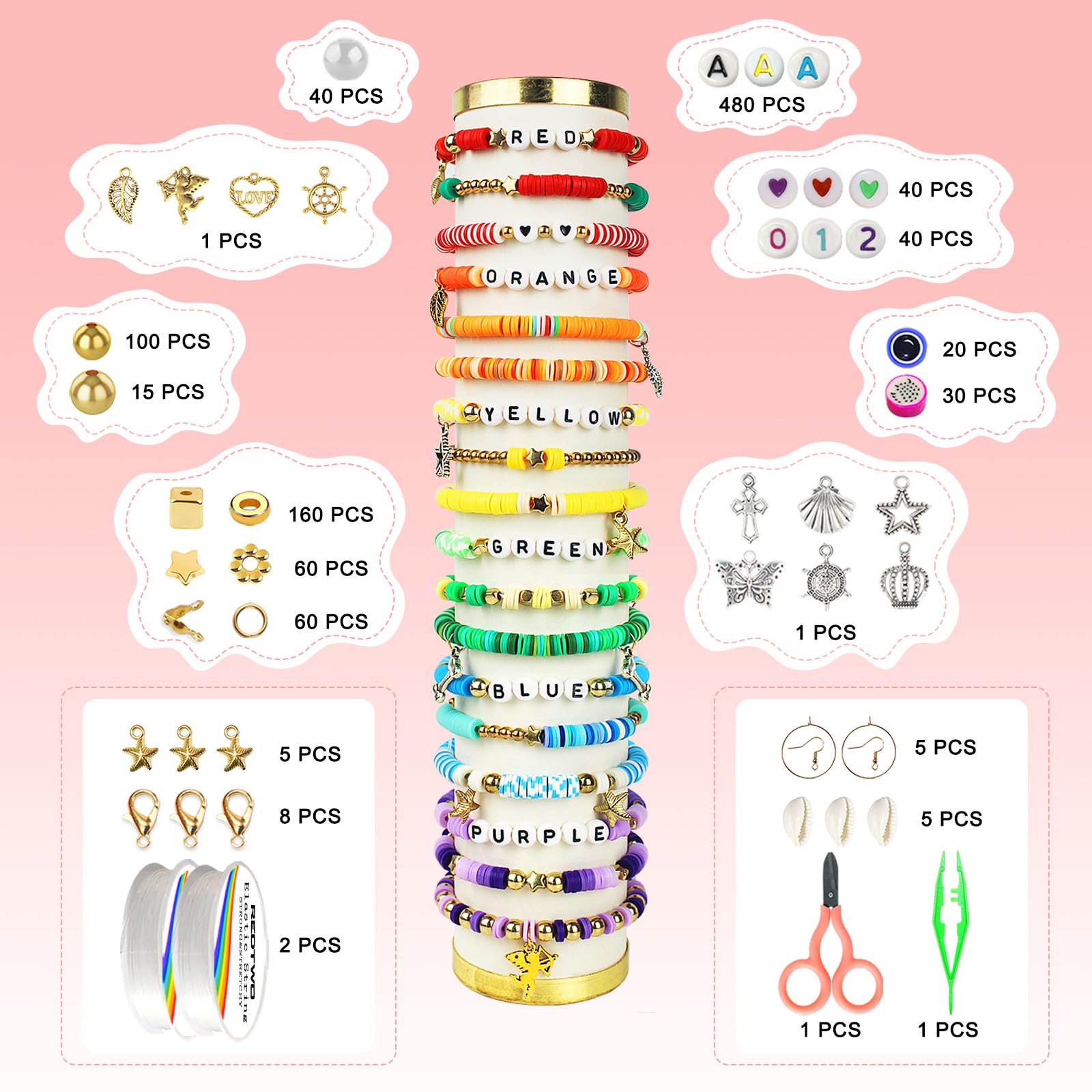 Redtwo 5100 Clay Beads Bracelet Making Kit, Flat Preppy Beads for Friendship Jewelry Making,Polymer Heishi Beads with Charms Gifts for Teen Girls Crafts for Girls Ages 8-12