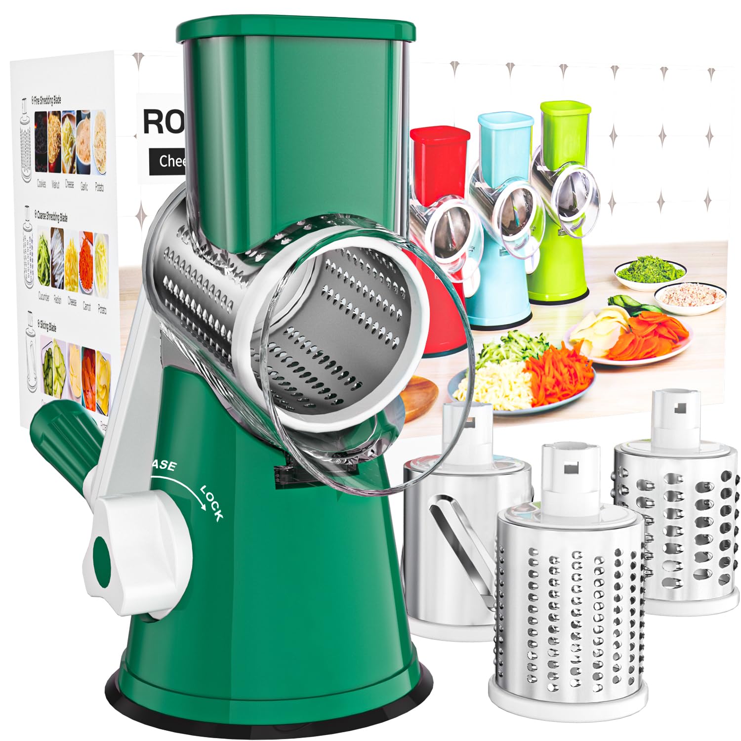 Cambom Rotary Cheese Grater Hand Crank Cheese Shredder for Fresh Cheese, Vegetable, Nuts,Non-slip Suction Base, Three Blades, Black