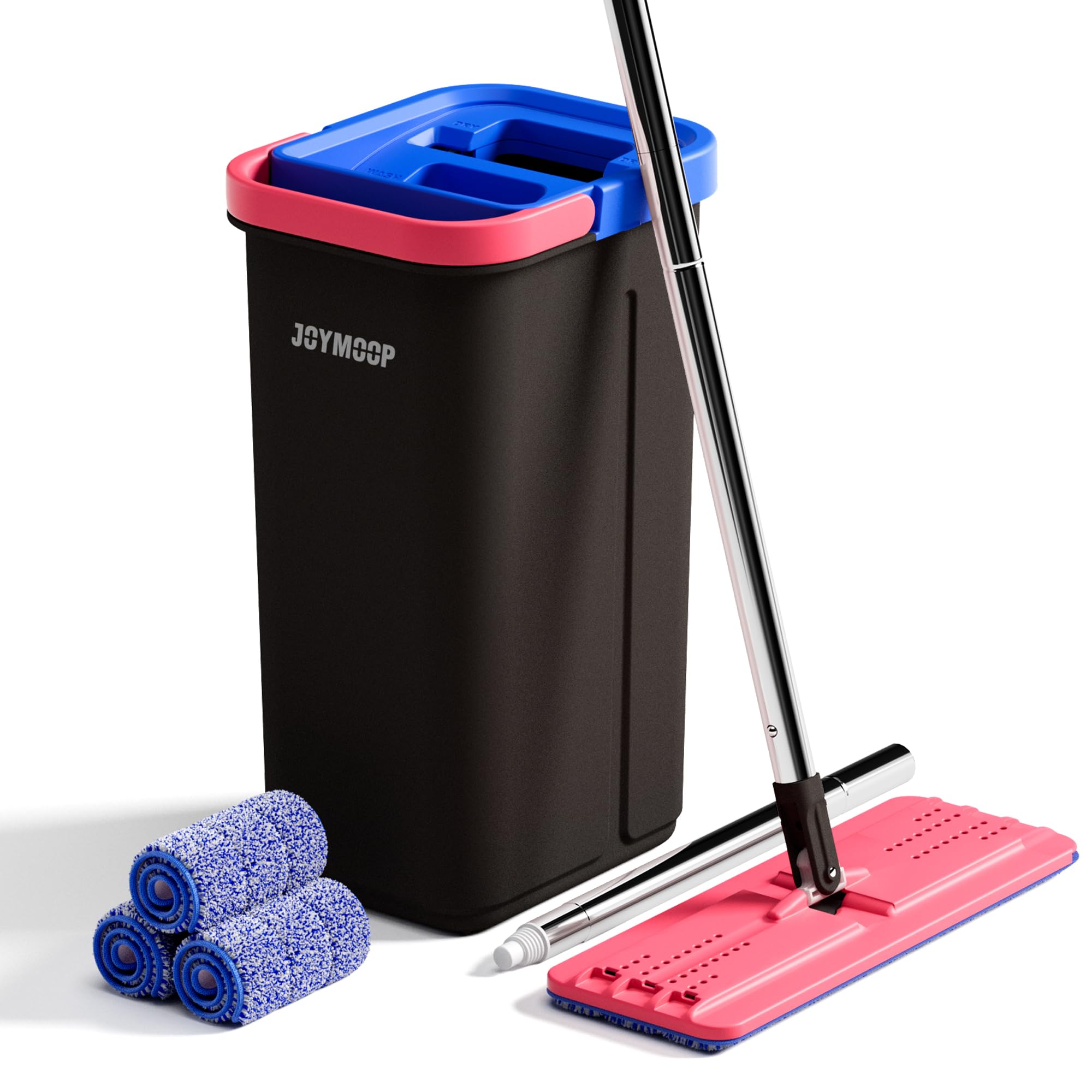 JOYMOOP Mop and Bucket Set, Hands-Free Flat Floor Mop with 3 Washable Microfiber Pads, Wet and Dry Use, Ideal for Home and Commercial Floor Cleaning