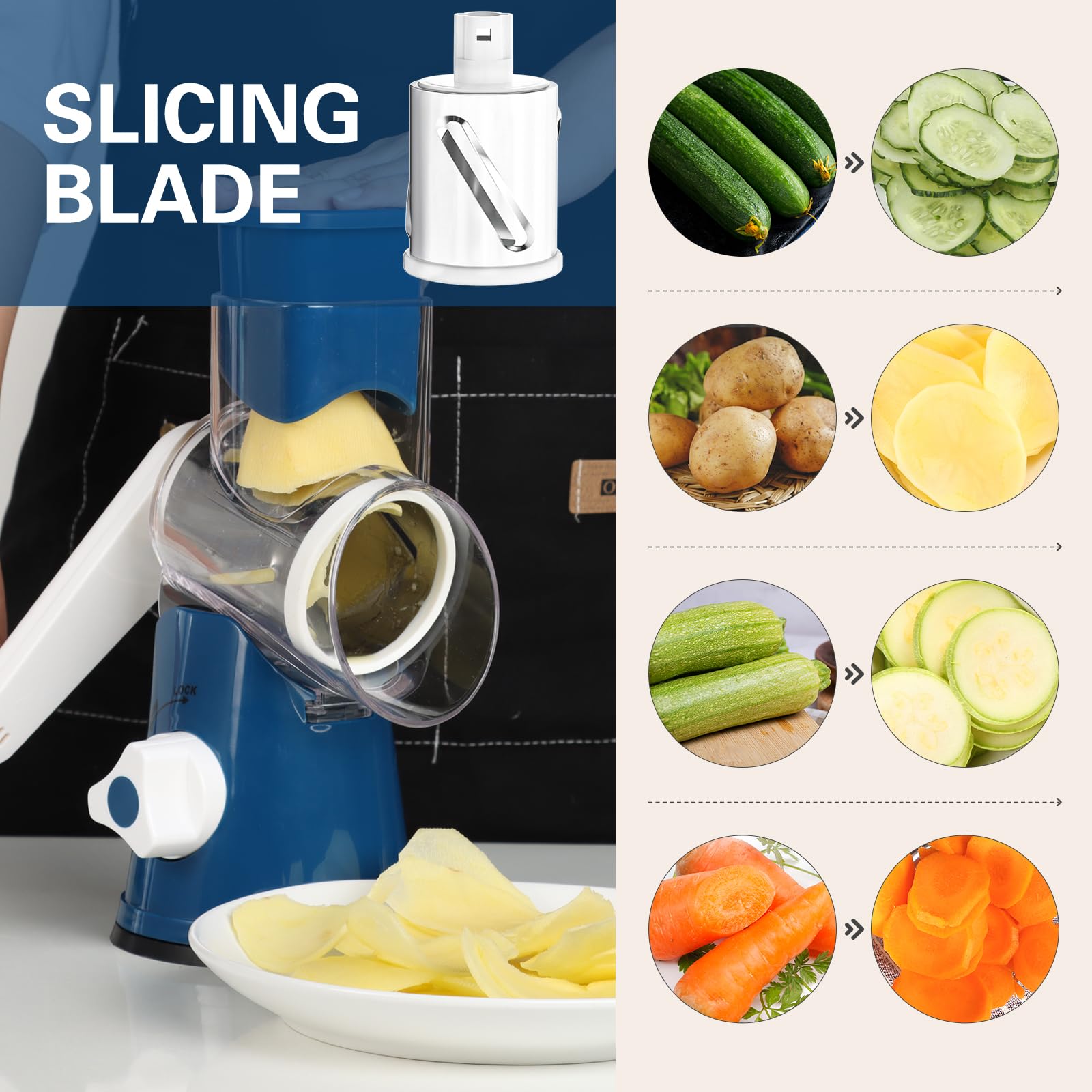 Cambom Rotary Cheese Grater Hand Crank Cheese Shredder for Fresh Cheese, Vegetable, Nuts,Non-slip Suction Base, Three Blades, Black