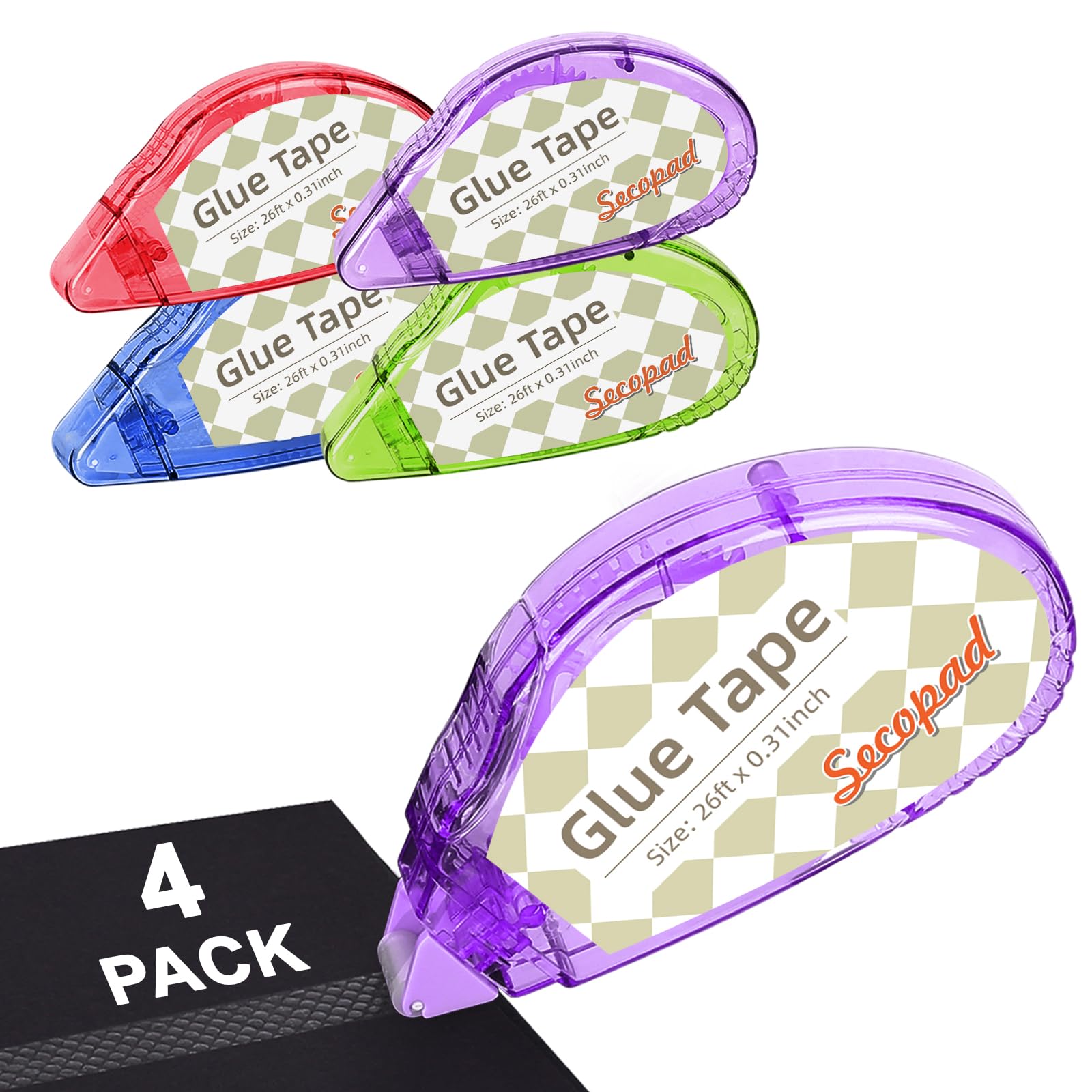 Secopad Scrapbook Tape, 4 Pack Double Sided Tape Roller for Crafts, Adhesive Glue Runner Scrapbooking Supplies Journaling School Office Teacher Supplies, 0.3IN x 26FT, Clear Light-Colored Shell