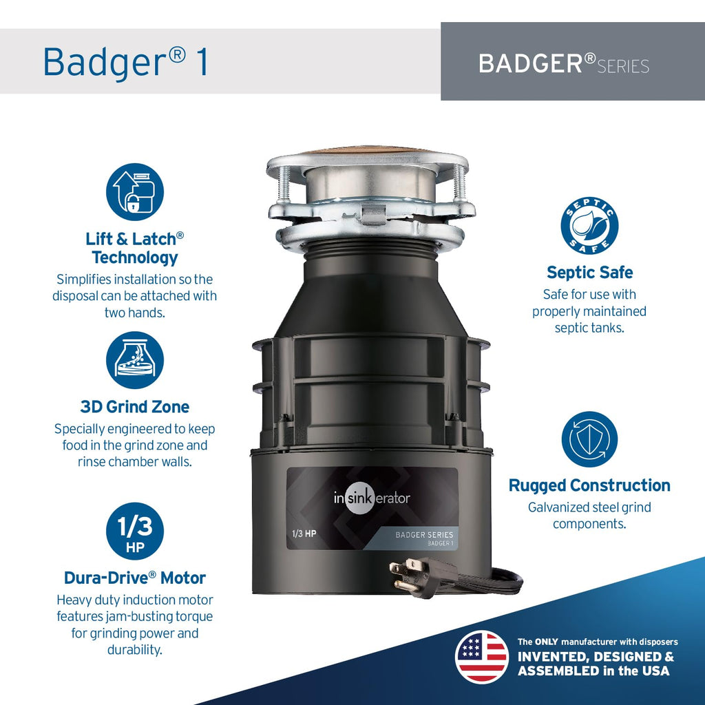 InSinkErator Badger 5 Garbage Disposal with Power Cord, Badger Series 1/2 HP Continuous Feed Food Waste Disposer