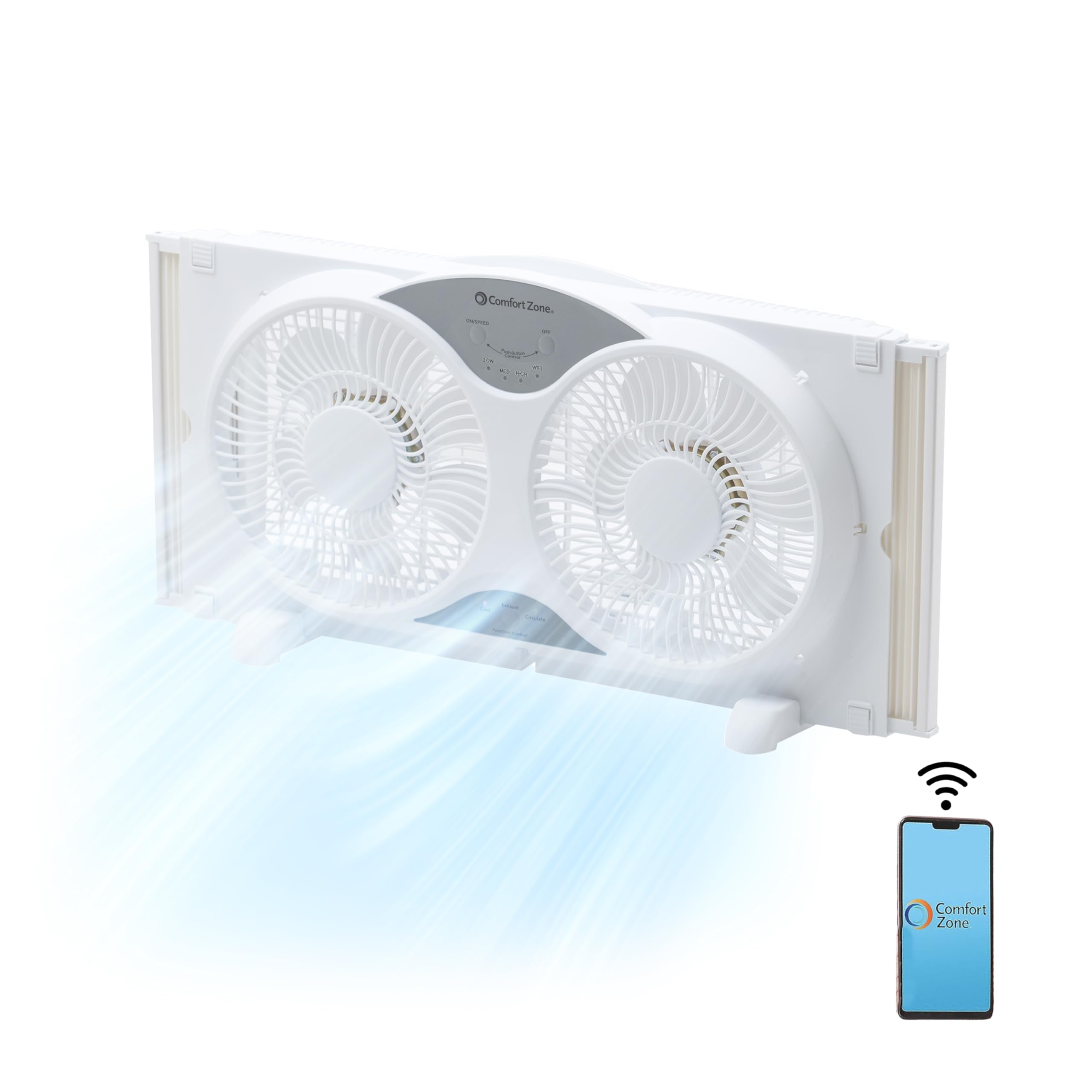 Comfort Zone Twin Window Fan with Reversible Airflow Control, 9 inch, Auto-Locking Expanders, 2 Speed Fan, Dual Fan, Exhaust, Airflow 9.84 ft/sec, Ideal for Home, Kitchen, Bedroom & Office, CZ319WT