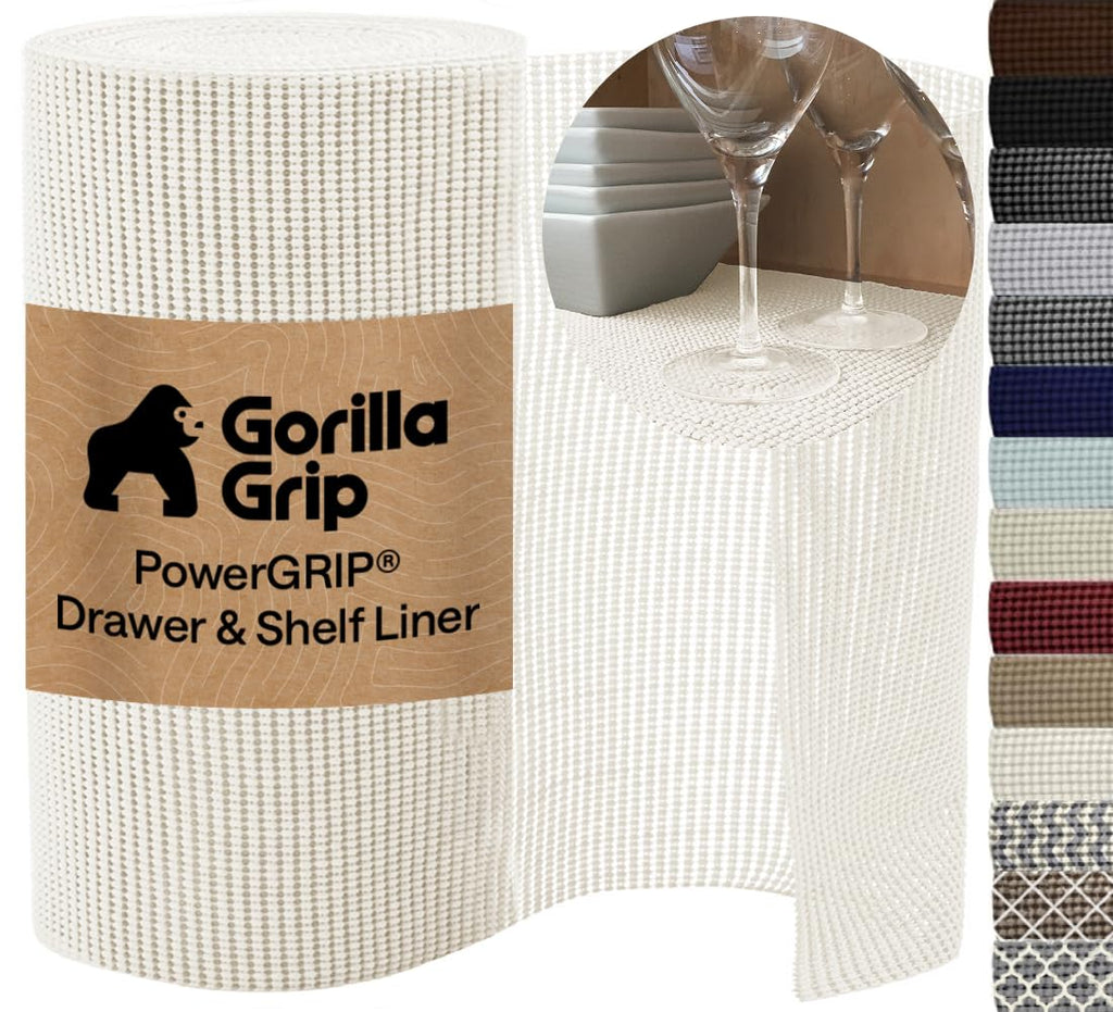 GORILLA GRIP powerGRIP Drawer Shelf and Cabinet Liner, Thick Strong Hold, Non-Adhesive Liners Protect Kitchen Cabinets and Cupboard, Bathroom Drawers, Easy Install Mat, 12" x20', Beige