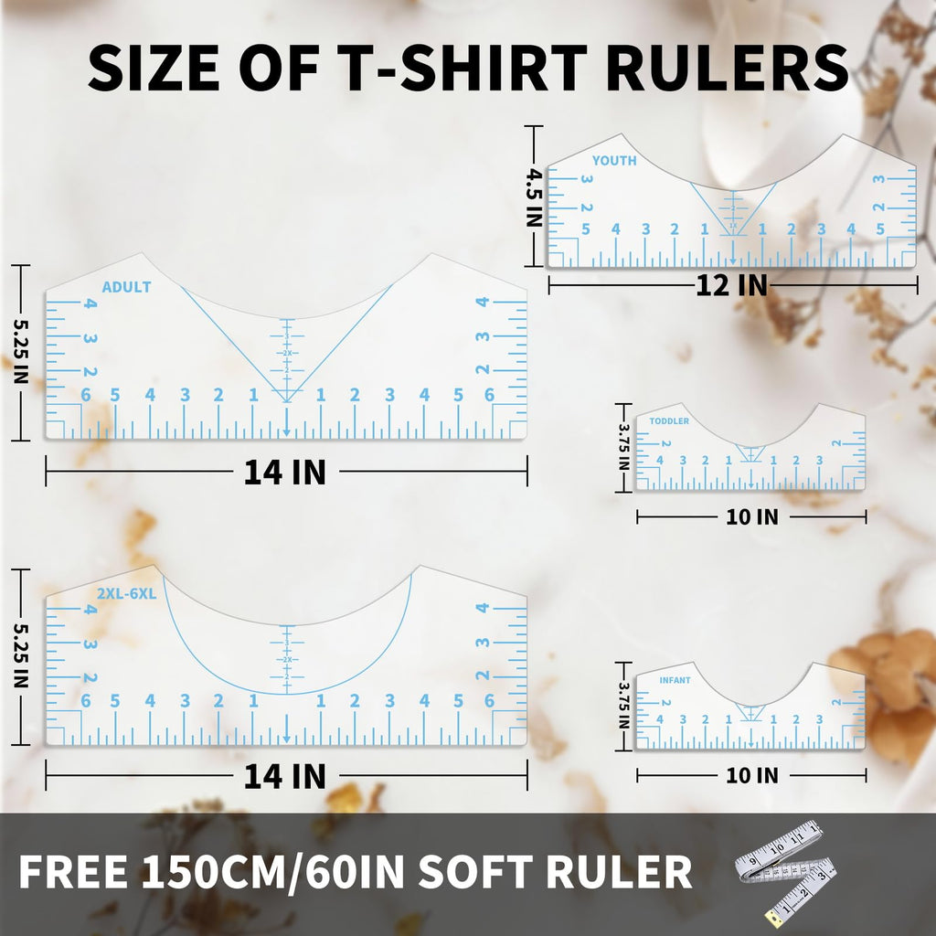 9Pcs Tshirt-Ruler Guide to Center Vinyl, Transparent V-Neck/Round PVC Ruler for Alignment, Heat Press, Children Youth Adult, Front and Back Measurement (10in)