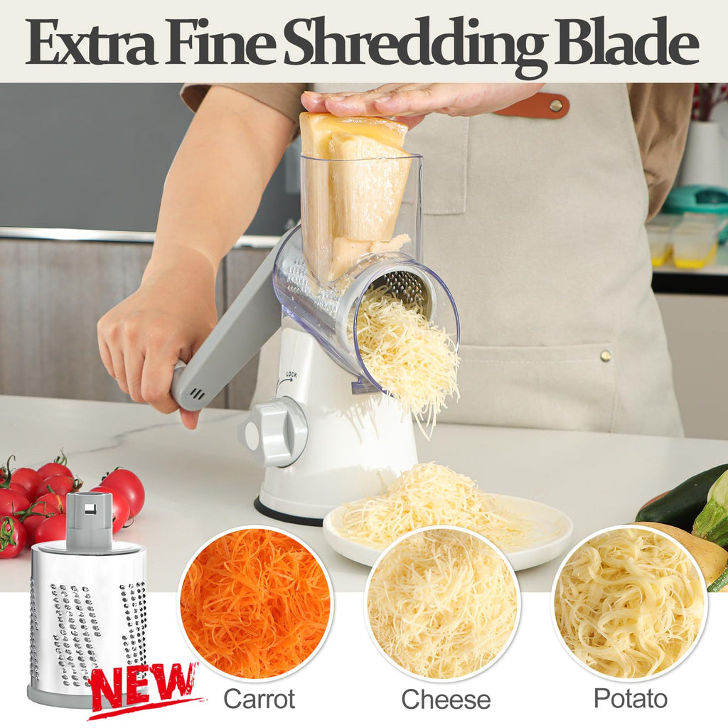 Cambom Rotary Cheese Grater Hand Crank Cheese Shredder for Fresh Cheese, Vegetable, Nuts,Non-slip Suction Base, Three Blades, Black
