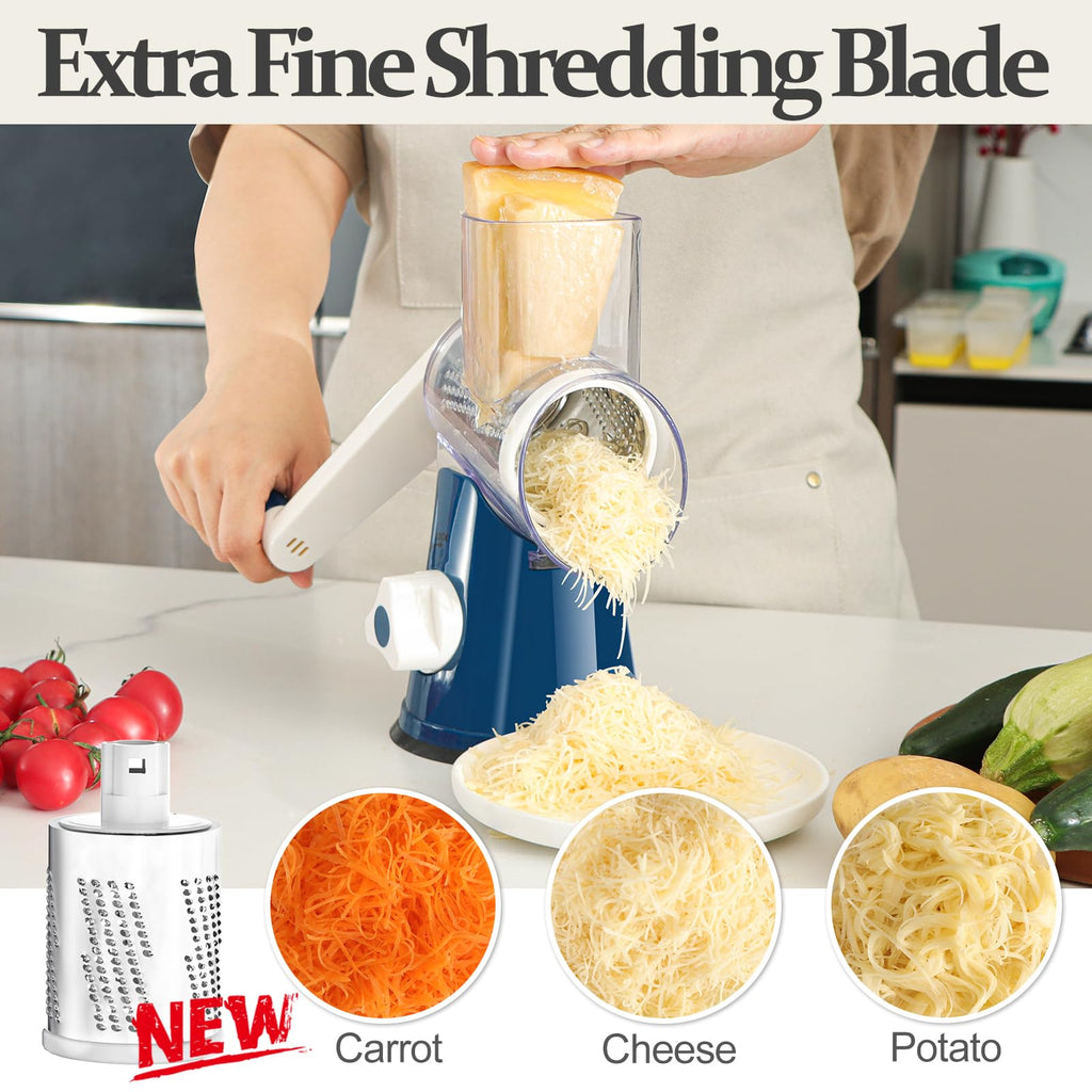 Cambom Rotary Cheese Grater Hand Crank Cheese Shredder for Fresh Cheese, Vegetable, Nuts,Non-slip Suction Base, Three Blades, Black