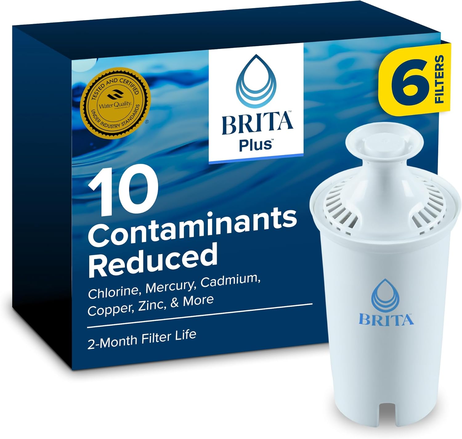 Brita BritaPlus Replacement Water Filter for Pitchers and Dispensers, WQA NSF/ANSI Certified, Reduces 2x More Contaminants vs. Standard Brita, Reduces Chlorine Zinc Copper Mercury & More, 4 Filters