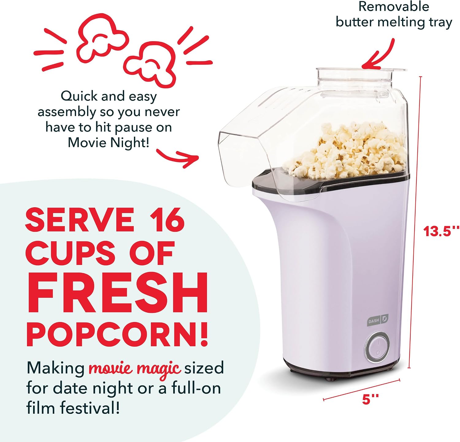 DASH Fresh Pop Popcorn Maker - Oil-Free, Air Popcorn Popper - With Measuring Cup & Recipe Guide - Perfect for Movie Nights - 16 Cups, Aqua