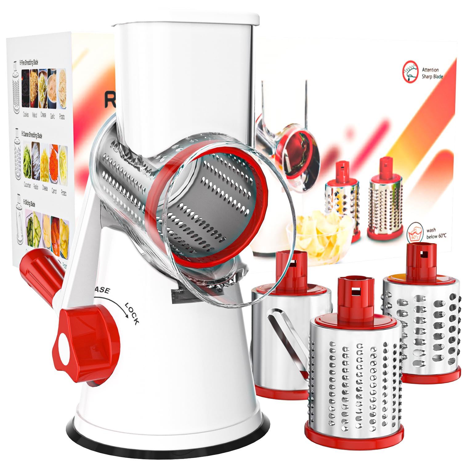 Cambom Rotary Cheese Grater Hand Crank Cheese Shredder for Fresh Cheese, Vegetable, Nuts,Non-slip Suction Base, Three Blades, Black