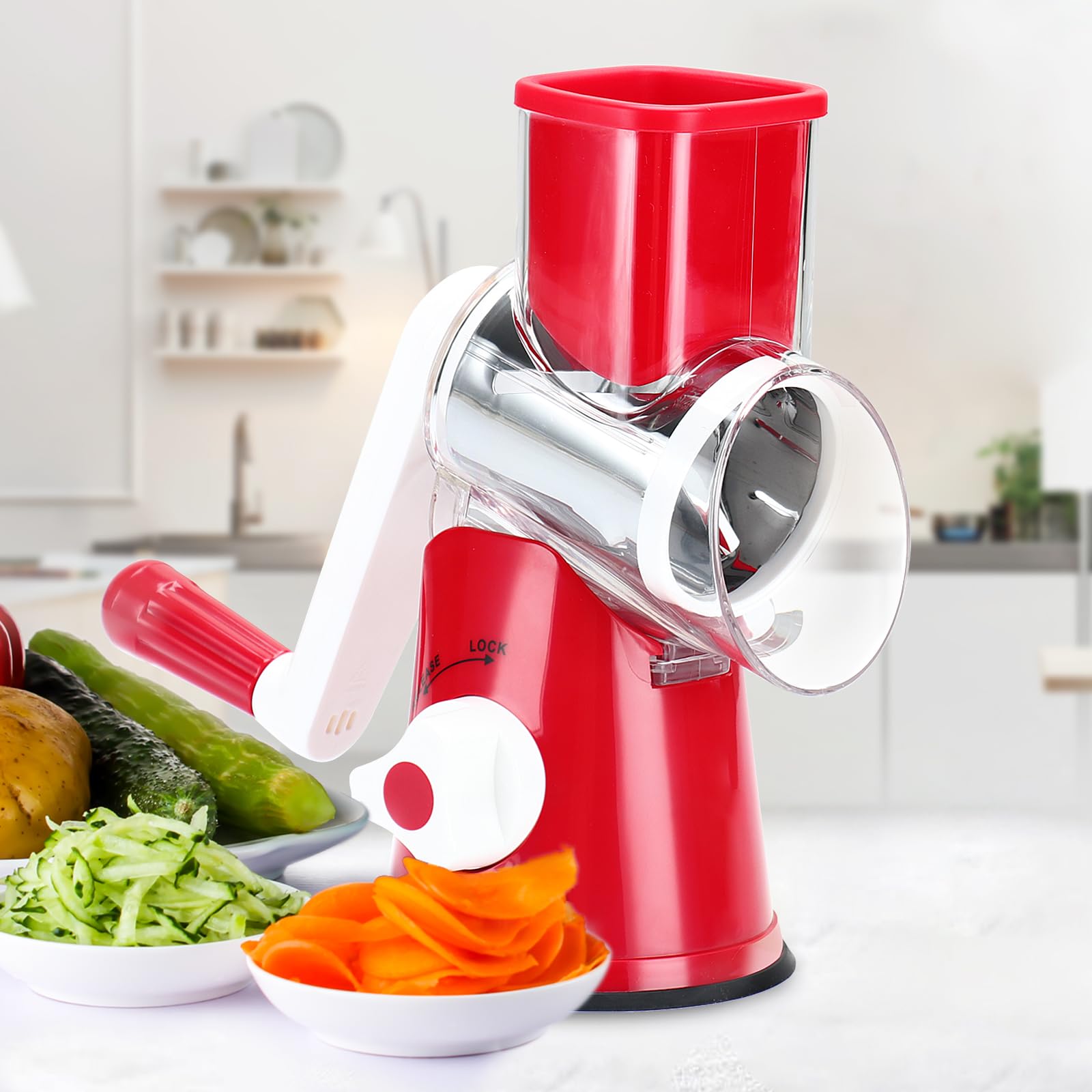 Cambom Rotary Cheese Grater Hand Crank Cheese Shredder for Fresh Cheese, Vegetable, Nuts,Non-slip Suction Base, Three Blades, Black