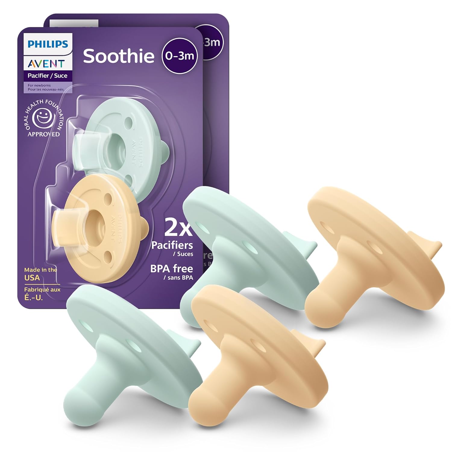 Philips Avent Soothie Baby Pacifiers - 100% Silicone Pacifiers for Babies 0-3 Months, One-piece Design, BPA-Free, Extra Durable, Green, 4 Pack, Model SCF190/41