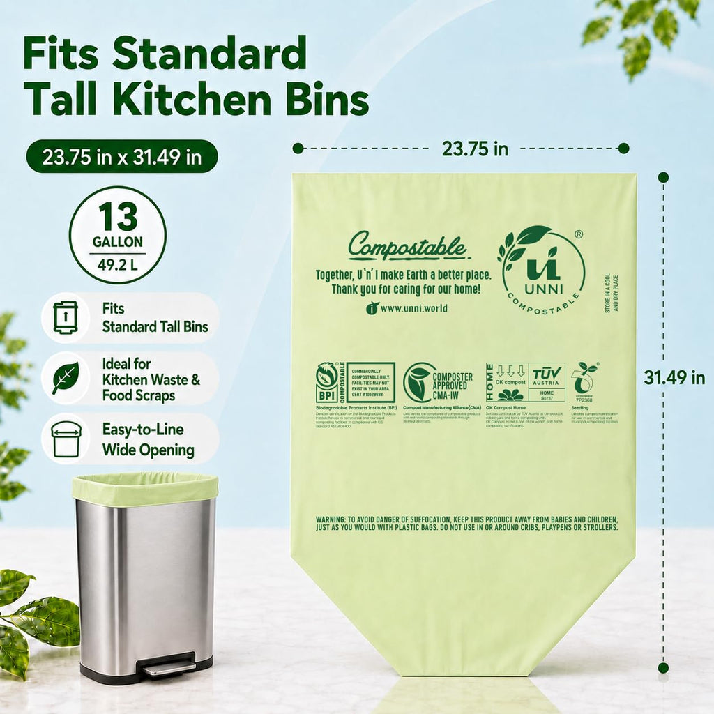 UNNI Compostable Trash Bags, 2.6 Gallon / 9.84 Liter, 100 Count, Extra Thick 0.71 Mil Small Kitchen Food Scrap Bin Liners, Certified by BPI, CMA & OK compost HOME, Meets the ASTM D6400 Standard