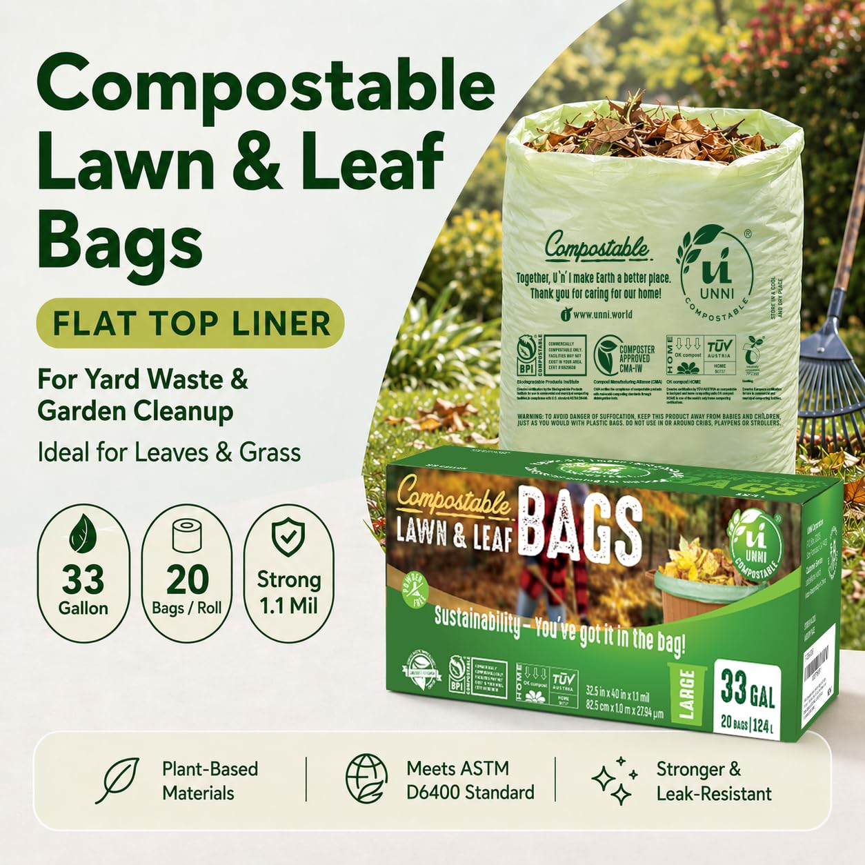 UNNI Compostable Trash Bags, 2.6 Gallon / 9.84 Liter, 100 Count, Extra Thick 0.71 Mil Small Kitchen Food Scrap Bin Liners, Certified by BPI, CMA & OK compost HOME, Meets the ASTM D6400 Standard