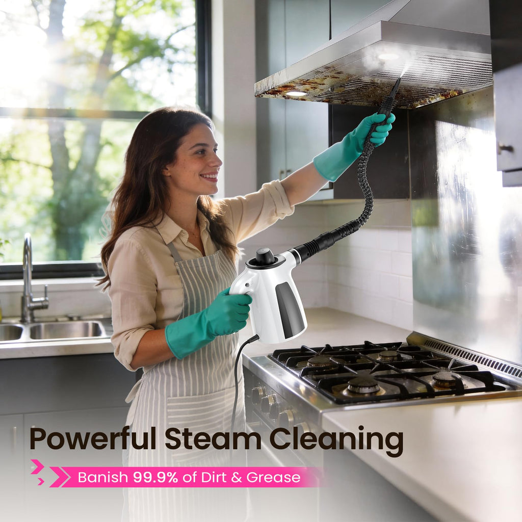 Steam Cleaner, Pressurized Handheld 13pcs Multi-Purpose Natural Deep Cleaning Steamer, Portable Steamer for Cleaning Home, Grout, Kitchen, Car, Window, Upholstery, Bathroom and Clothes, White