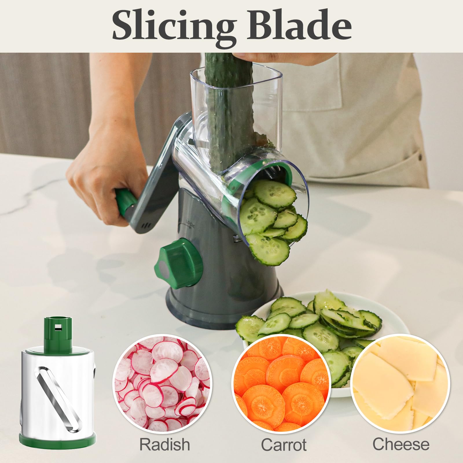 Cambom Rotary Cheese Grater Hand Crank Cheese Shredder for Fresh Cheese, Vegetable, Nuts,Non-slip Suction Base, Three Blades, Black