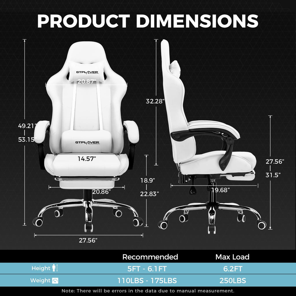 GTPLAYER Gaming Chair, Computer Chair with Footrest and Lumbar Support, Height Adjustable Game Chair with 360°-Swivel Seat and Headrest and for Office or Gaming (Pearl White)