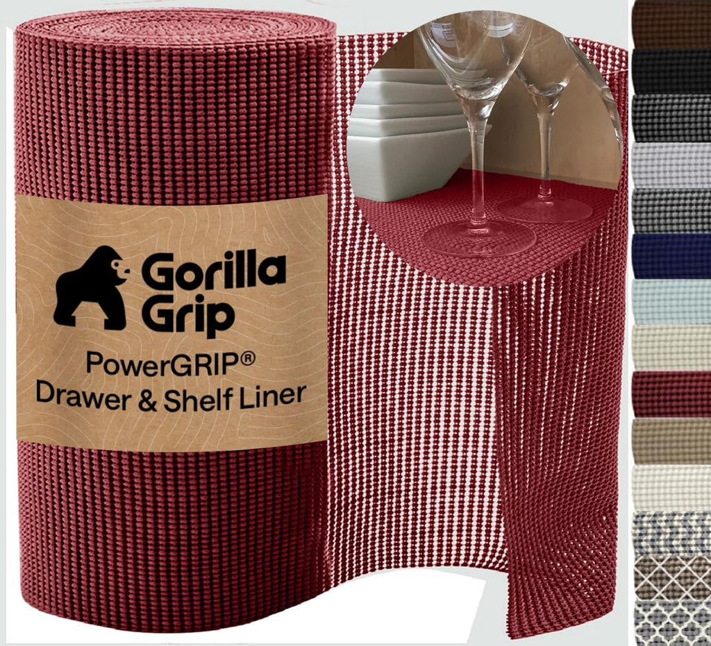 GORILLA GRIP powerGRIP Drawer Shelf and Cabinet Liner, Thick Strong Hold, Non-Adhesive Liners Protect Kitchen Cabinets and Cupboard, Bathroom Drawers, Easy Install Mat, 12" x20', Beige