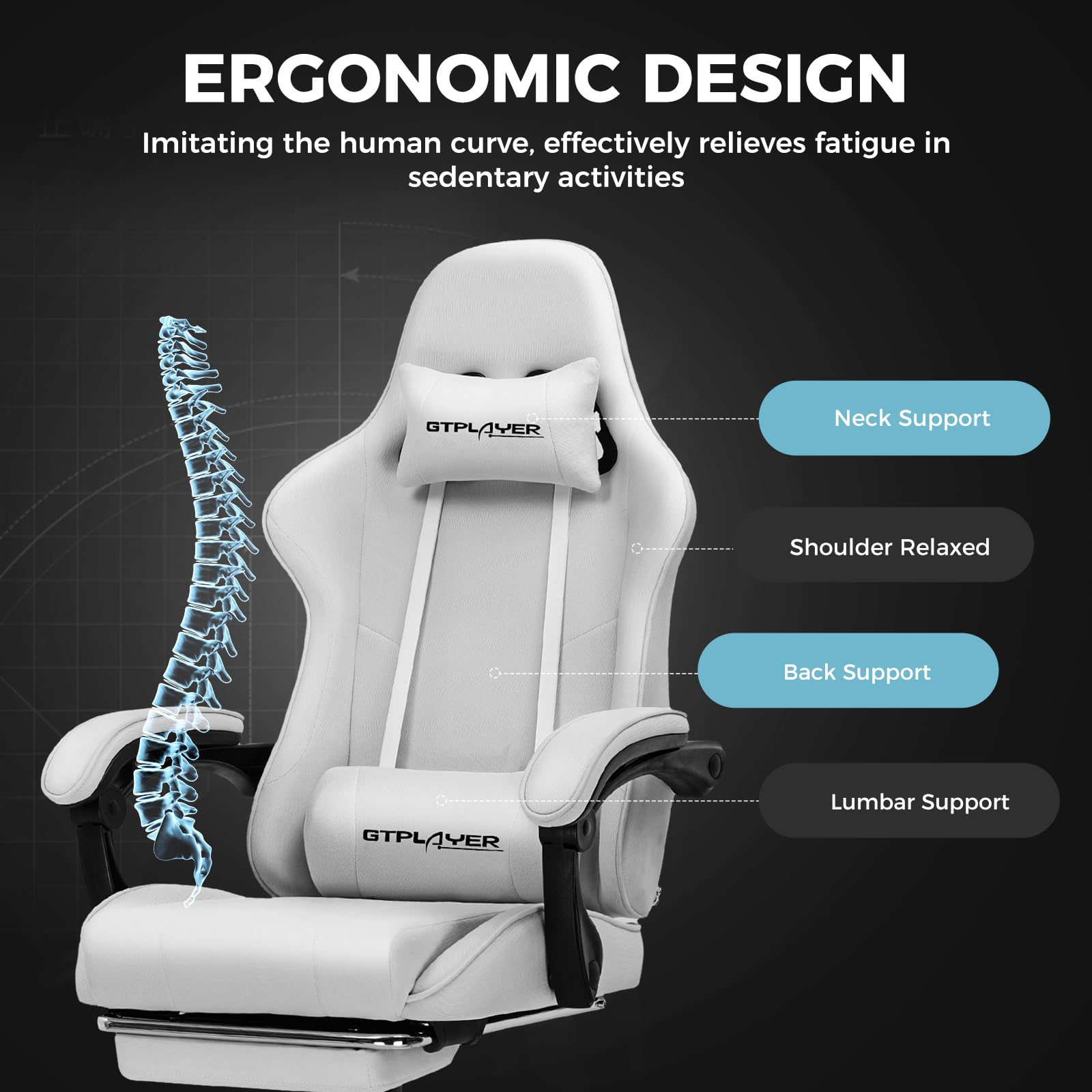 GTPLAYER Gaming Chair, Computer Chair with Footrest and Lumbar Support, Height Adjustable Game Chair with 360°-Swivel Seat and Headrest and for Office or Gaming (Pearl White)