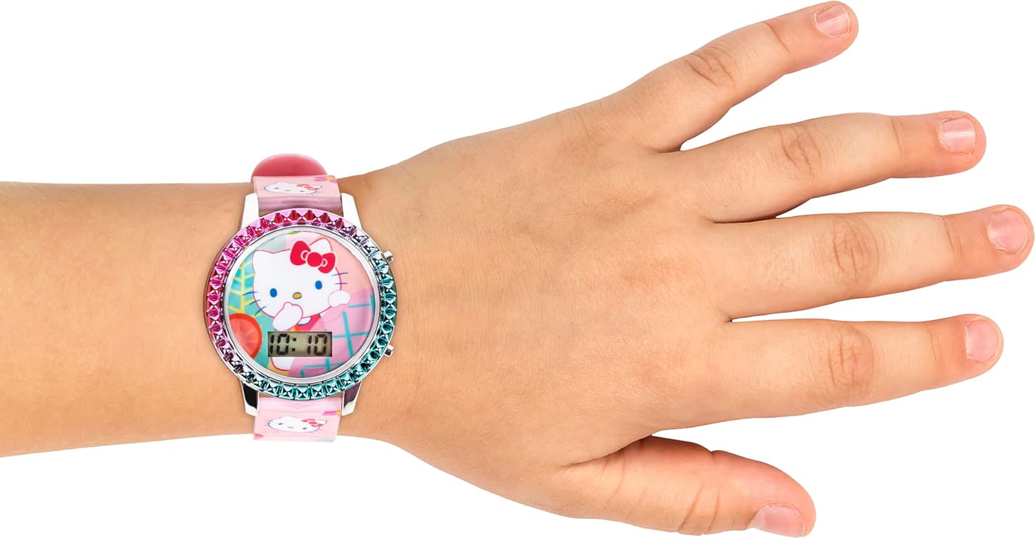 Accutime Sanrio Hello Kitty Girls' Digital LCD Quartz Watch with Pink Strap and Colorful Bezel - Fun LED Light Show - Easy to Read Time for Kids - Fits Wrist 5.5"-8"