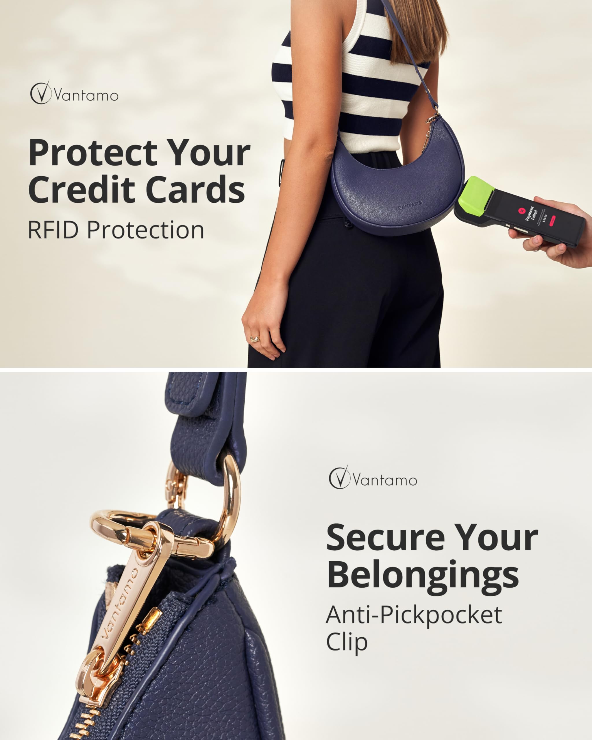 Vantamo Crescent Bags For Women with RFID Protection, Half Moon Clutch Purses for Women with Anti-Theft Clip for Extra Safety