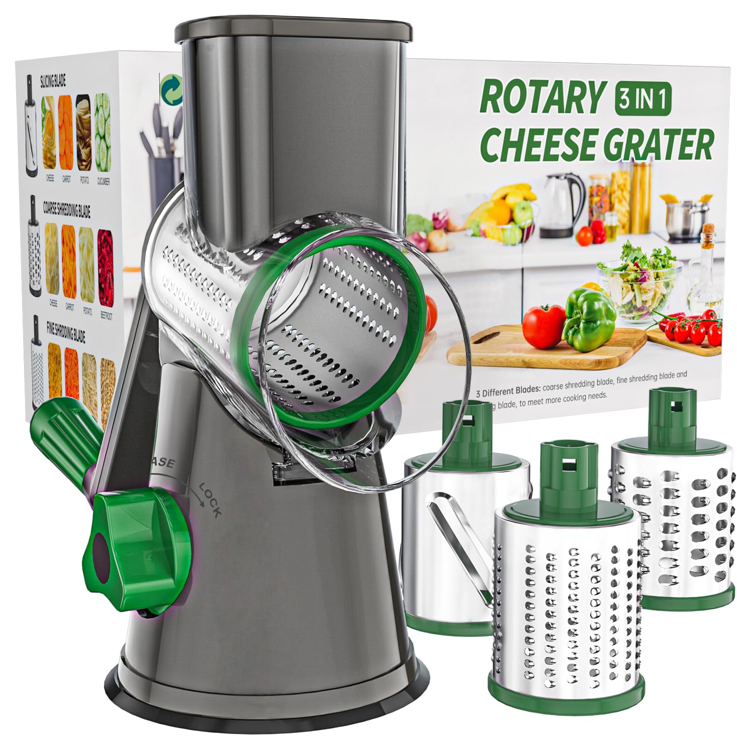 Cambom Rotary Cheese Grater Hand Crank Cheese Shredder for Fresh Cheese, Vegetable, Nuts,Non-slip Suction Base, Three Blades, Black