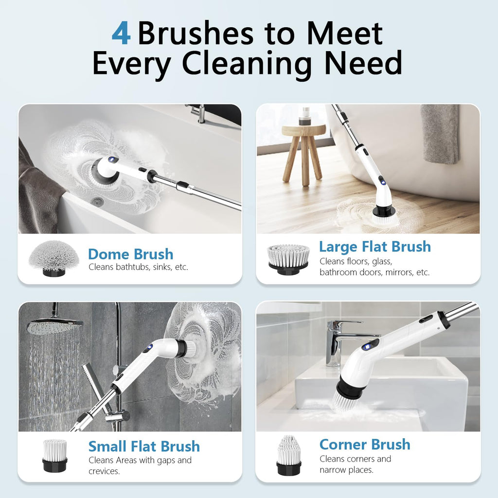TUYU Electric Spin Scrubber,IPX7 Full-Body Waterproof Cordless Cleaning Tool, LCD Battery Indicator, Adjustable Extension Handle, 90-Minute Runtime for Bathroom, Kitchen, Glass, Car
