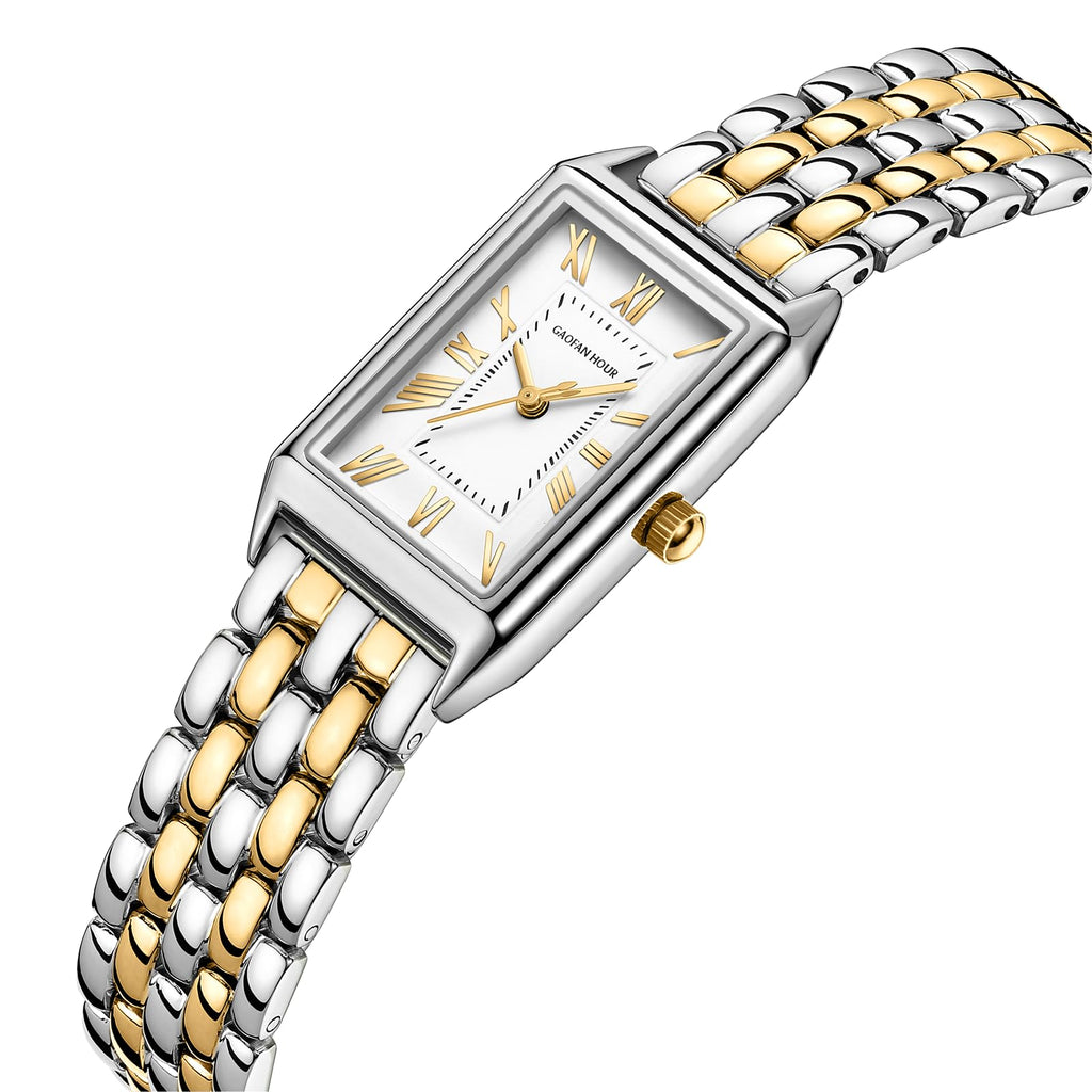 Gold Watches for Women with Vintage Rectangular Case,White Roman Dial,Stainless Steel Band,Adjustment Tool Included,Water Resistant