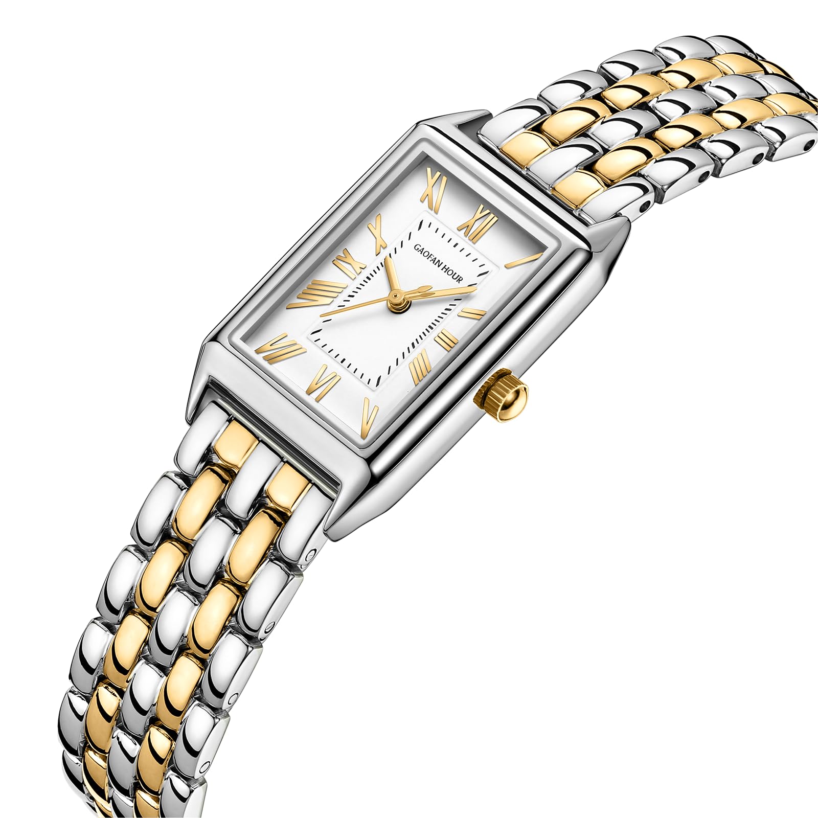 Gold Watches for Women with Vintage Rectangular Case,White Roman Dial,Stainless Steel Band,Adjustment Tool Included,Water Resistant