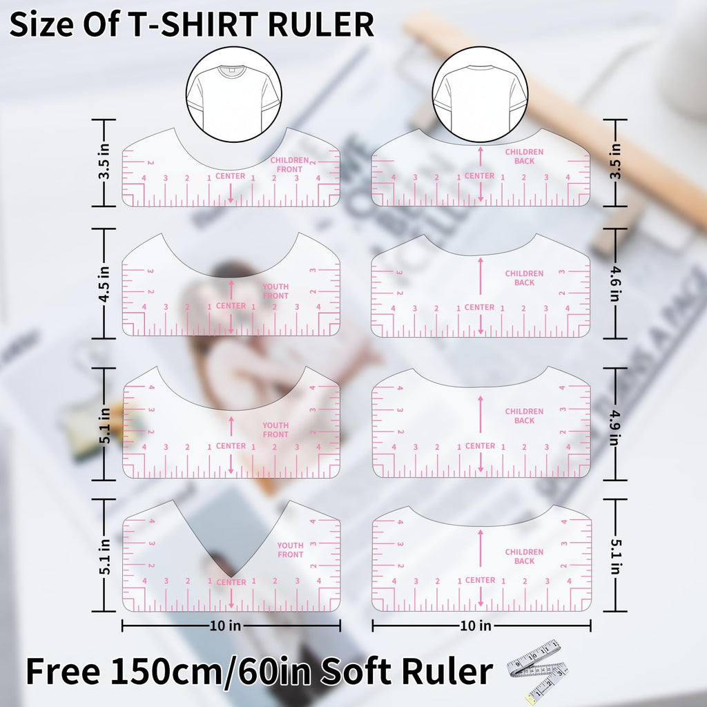 9Pcs Tshirt-Ruler Guide to Center Vinyl, Transparent V-Neck/Round PVC Ruler for Alignment, Heat Press, Children Youth Adult, Front and Back Measurement (10in)
