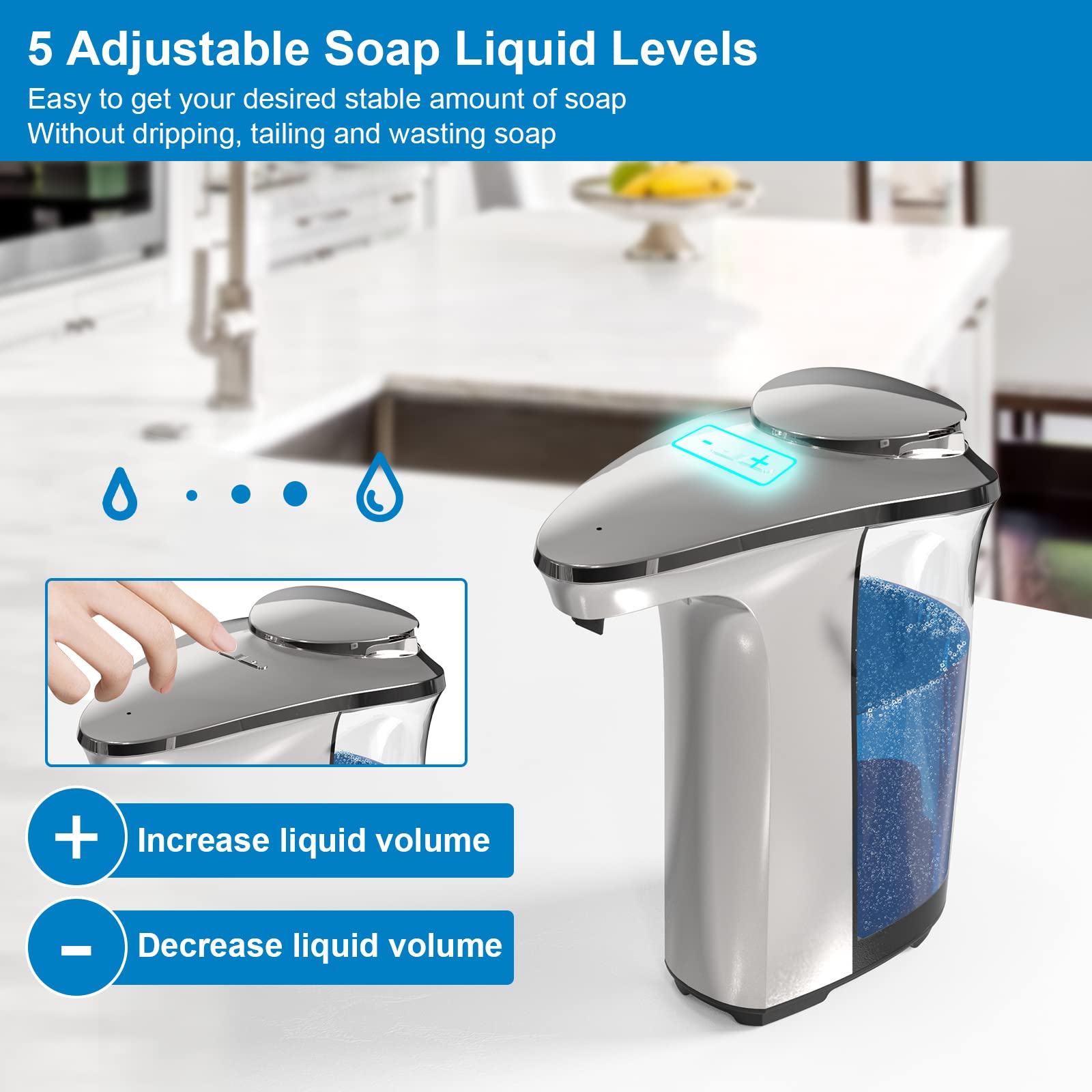 PZOTRUF Automatic Soap Dispenser, Touchless Dish Soap Dispenser 17oz/500ml with Infrared Sensor, 5 Adjustable Soap Dispensing Levels, Liquid Hand Dispenser for Bathroom Kitchen Sink (Silver)
