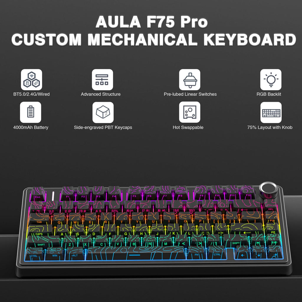 AULA F75 Pro Wireless Mechanical Keyboard,75% Hot Swappable Custom Keyboard with Knob,RGB Backlit,Pre-lubed Reaper Switches,Side Printed PBT Keycaps,2.4GHz/USB-C/BT5.0 Mechanical Gaming Keyboards