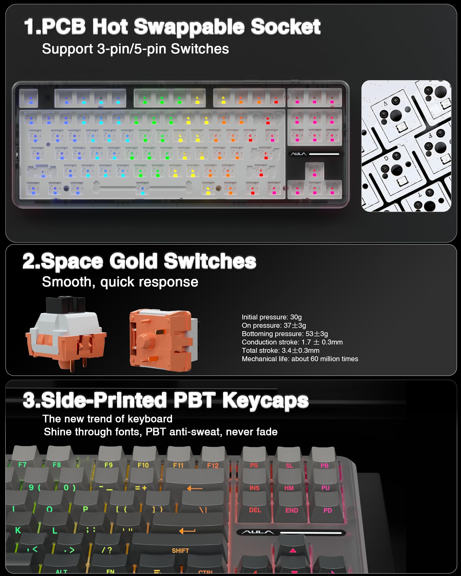 AULA F75 Pro Wireless Mechanical Keyboard,75% Hot Swappable Custom Keyboard with Knob,RGB Backlit,Pre-lubed Reaper Switches,Side Printed PBT Keycaps,2.4GHz/USB-C/BT5.0 Mechanical Gaming Keyboards